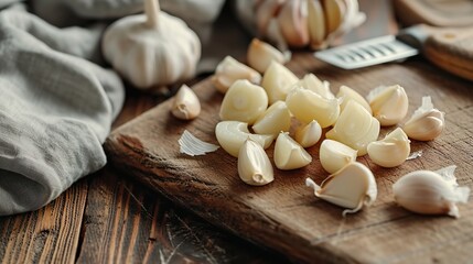 Fototapeta na wymiar Peeled Garlic Cloves on Chopping Board Next to Knife: Culinary Preparation