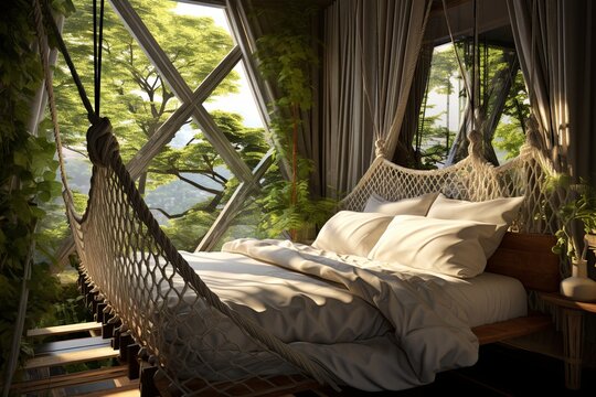 Fototapeta Rope Bridge Access: Tree Canopy Aerial Bedroom Concepts with Natural Light