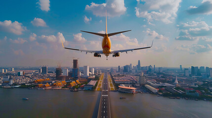 Landing at Suvarnabhumi Airport Bangkok Thailand.