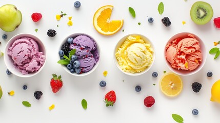 Colorful ice cream with mixed berry and various fruits raspberry blueberry strawberry orange kiwi...