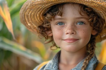 Close-up portrait of a child with blue eyes, curly hair, wearing a straw hat among plants
