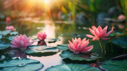 A serene lotus pond in a lush green garden, with delicate pink lotus blossoms floating gracefully on the tranquil surface of the water. - obrazy, fototapety, plakaty