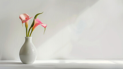 pink calla lily in vase isolated on white background, free space