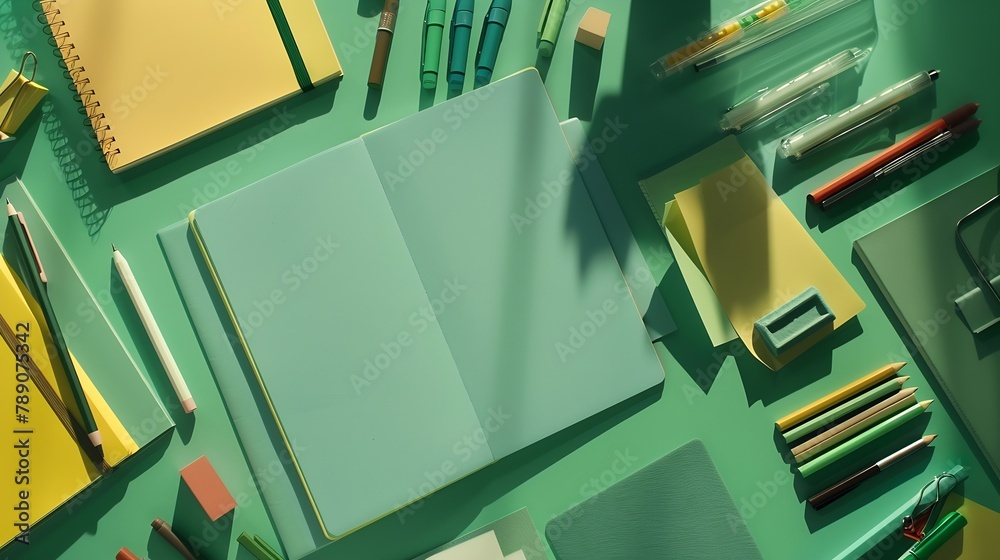 Aufkleber Workspace concept notepad and writing supplies on green desk flat lay top view copy space : Generative AI
