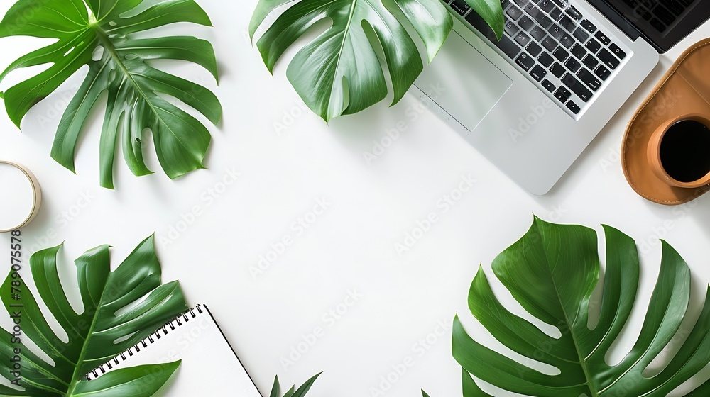 Poster home office workspace mockup with laptop tropical leaves monstera notebook and accessories on white 