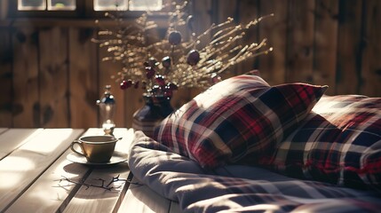 Cozy still life with coffee pillows and plaid on the light wooden background Close up : Generative AI