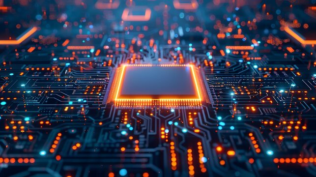 High-Tech Quantum Computer Processor with Futuristic Microchip and Lights for Advanced Large-Scale Data Processing and Efficient Database Management on Blue Background.
