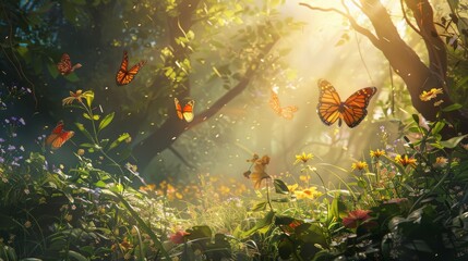 A serene woodland landscape with butterflies dancing among sun-dappled leaves and wildflowers, symbolizing the delicate balance and harmony of nature's ecosystems. - obrazy, fototapety, plakaty
