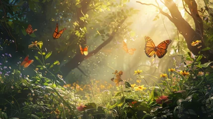 Tapeten Schmetterlinge im Grunge A serene woodland landscape with butterflies dancing among sun-dappled leaves and wildflowers, symbolizing the delicate balance and harmony of nature's ecosystems.