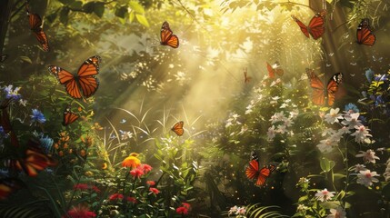 A serene woodland landscape with butterflies dancing among sun-dappled leaves and wildflowers, symbolizing the delicate balance and harmony of nature's ecosystems.