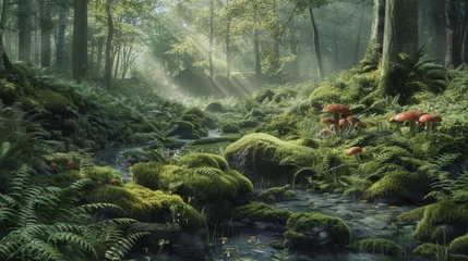  A serene woodland landscape with mushrooms scattered among mossy rocks and ferns, creating a magical atmosphere of wonder and enchantment in nature's realm. © Plaifah