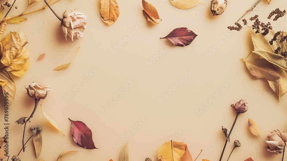 Poster autumn composition frame made of dried flowers and leaves on pastel beige background autumn fall con