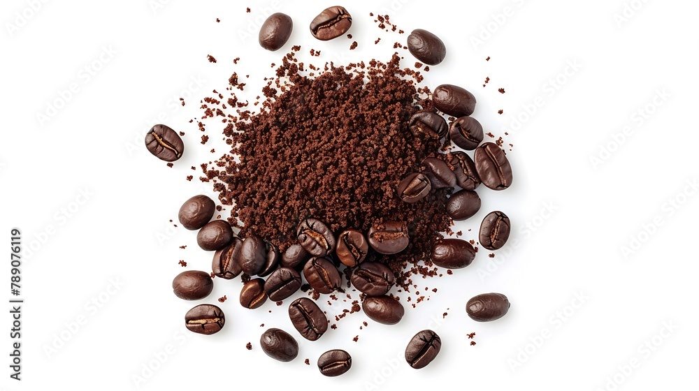 Poster flat lay of ground coffee with coffee beans isolated on white background : generative ai