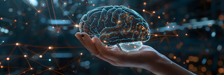 A human brain graphic within the hand of a person holding a blue in the style of technological. - obrazy, fototapety, plakaty