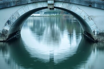 : Bridge arches over calm river, connection and progress. - obrazy, fototapety, plakaty