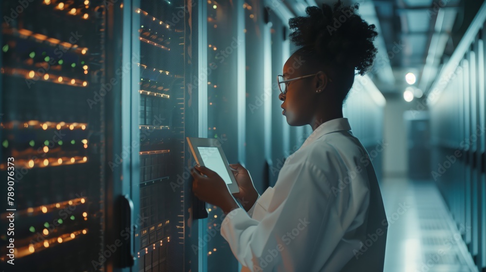 Poster A female technician in a data center uses a tablet to check and analyze the effectiveness of data security measures, as well as to improve the system of storing information in a cloud environment