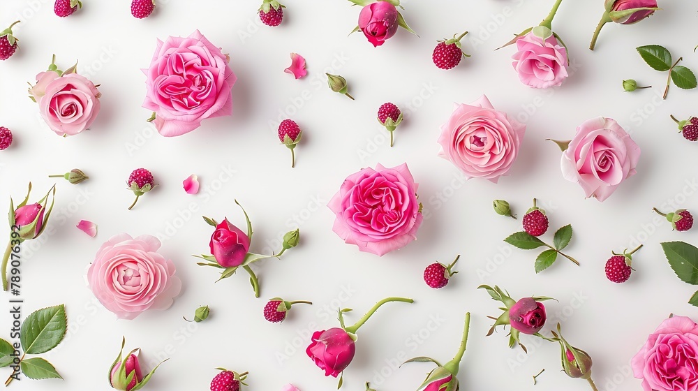 Poster Decorative pattern with pink bright roses buds and berries on white background Flat lay top view view from above : Generative AI