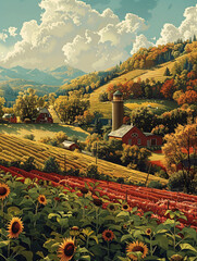 Idyllic farmland with rich fall colors, a nostalgic digital illustration perfect for home decoration and agricultural themes
