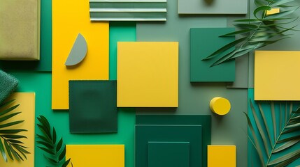 Fototapeta premium Elegant flat lay composition in green and yellow color palette with textile and paint samples lamella panels and tiles Architect and interior designer moodboard Top view Copy space : Generative AI