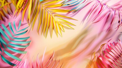 Fototapeta na wymiar Tropical bright colorful background with exotic painted tropical palm leaves Minimal fashion summer concept Flat lay : Generative AI