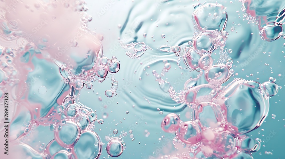 Poster Top view of blue transparent clear calm water surface Texture with splashes and bubbles with pink podium Trendy abstract summer nature background for product presentation Flat lay cosm : Generative AI