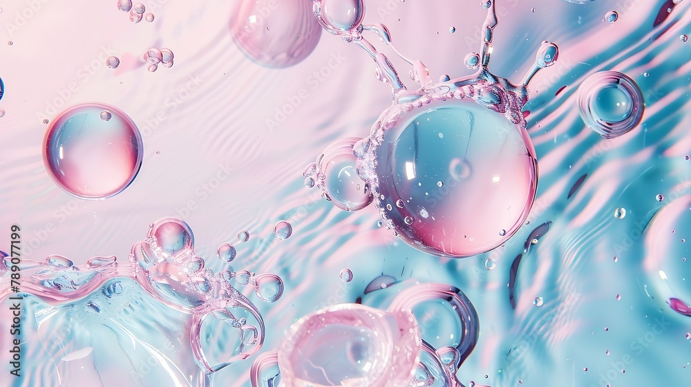 Poster Top view of blue transparent clear calm water surface Texture with splashes and bubbles with pink podium Trendy abstract summer nature background for product presentation Flat lay cosm : Generative AI
