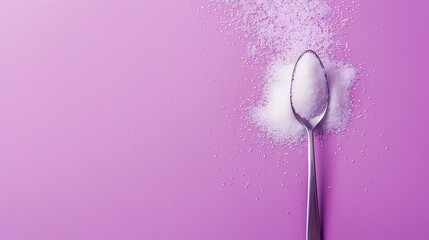 Granulated sugar and spoon on lilac background flat lay : Generative AI