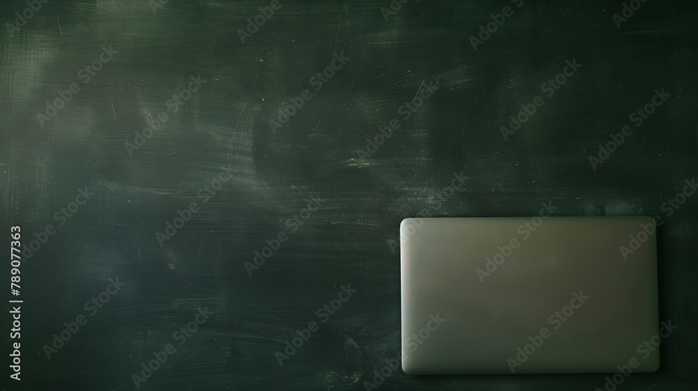 Poster Flat lay of laptop on chalkboard table Background : Generative AI