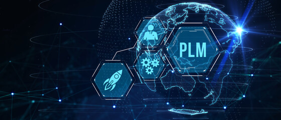 PLM Product lifecycle management system technology concept. Technology, Internet and network concept. 3d illustration - obrazy, fototapety, plakaty