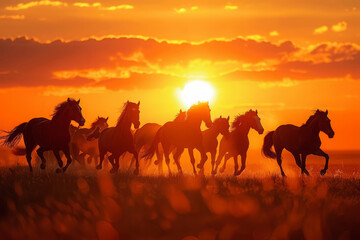 Fototapeta na wymiar Horses silhouettes galloping across field at sunset. Herd of wild horses