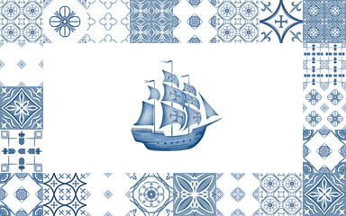 An old sailing ship simple silhouette framed in a Mediterranean-inspired patchwork in monochrome colors blue and white. Illustration for printing, stickers,borders, wallpaper, websites, ceramic tiles.