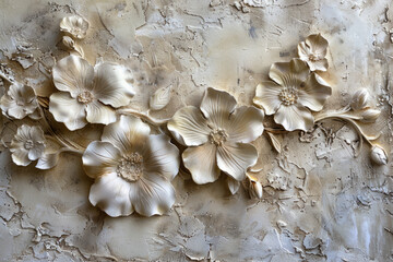 Texture of plaster with decorative flowers. Detailed stucco relief with floral designs in classical style