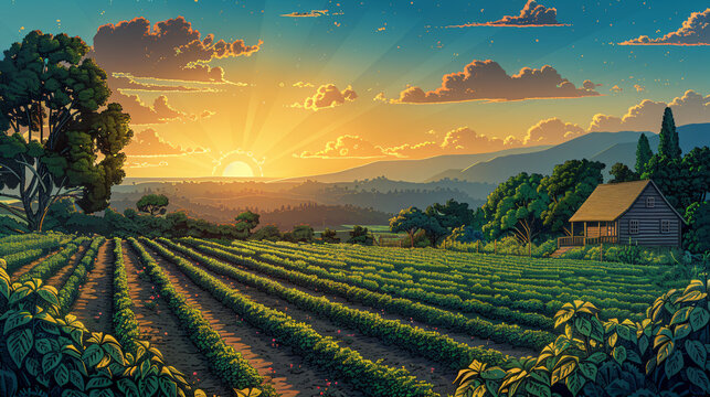 Dawn breaks on orderly vegetable rows, an artistic rendering for rural development and eco-friendly farming designs