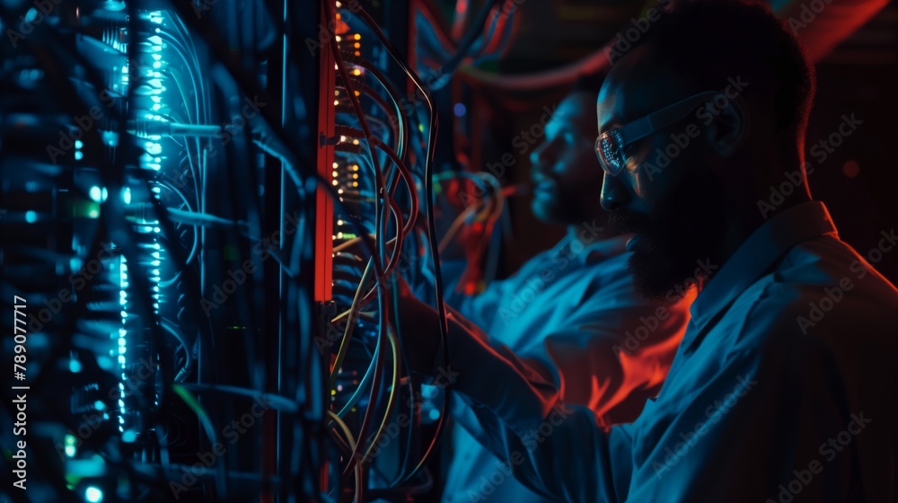 Poster A male technician at a data center learns new data analysis techniques and technologies to optimize workflows and improve network efficiency.