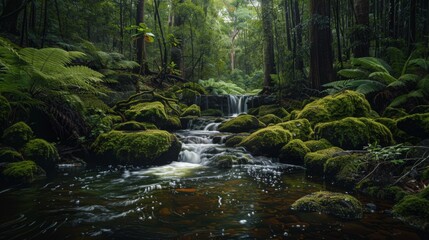 Fototapeta premium A tranquil forest stream babbling over moss-covered rocks, surrounded by towering trees and vibrant ferns, a peaceful oasis in the heart of nature.
