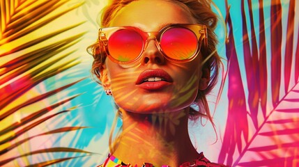a pop art collage featuring a blonde model girl wearing peculiar sunglasses against a vibrant palm tree summer vibe background. Emphasize colorful abstract themes