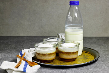 three layer pudding, Cream caramel with walnut paste and meringue