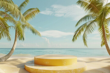 3d render round podium with summer beach background mock up scene with tropical palm trees and sand for product presentation. tropical product placement, podium stage with palm trees