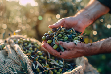 Olives in the hands of a farmer. - obrazy, fototapety, plakaty