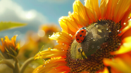 Ladybug on a sunflower in the sunshine