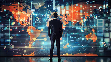 Visualize a person discussing the significance of international trade for global economies and market expansion