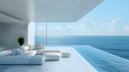 Fototapeta na wymiar Bright style modern living room with minimalist background in the foreground, endless sea level as the backdrop, photographic style.