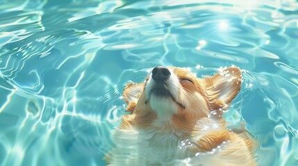 Corgi dog swims in the pool, in cartoon style, in anime aesthetic,pastel colors, cute and dreamy.