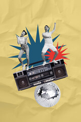 3D photo collage trend artwork composite sketch of black white silhouette couple man lady dance on huge boombox disco ball music play