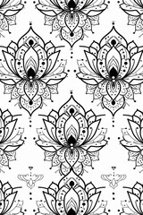 A black and white coloring page featuring mandala flowers with symmetrical patterns