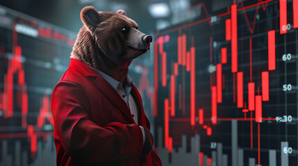Bear businessman with red suit and red stock market chart. 3D rendering - obrazy, fototapety, plakaty