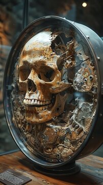 Closeup of the exhibits within the timetravel paradox museum reveals the mindbending anomalies and paradoxes that defy the laws of causality, offering visitors a glimpse into the mysteries of temporal