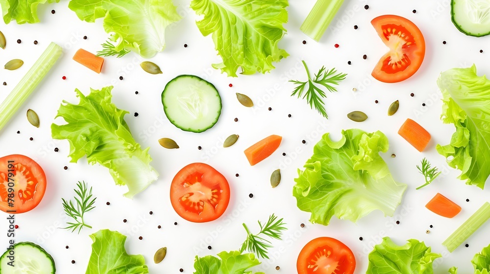 Aufkleber Eating pattern with raw ingredients of salad lettuce leaves cucumbers red tomatoes carrots celery and seeds on white background : Generative AI