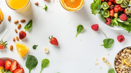 Breakfast with muesli strawberry salad fresh fruit orange juice nuts on white background Healthy food concept Flat lay top view : Generative AI