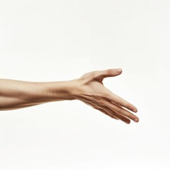 A side view of a human hand extended as if showcasing or presenting something, isolated on a white background.